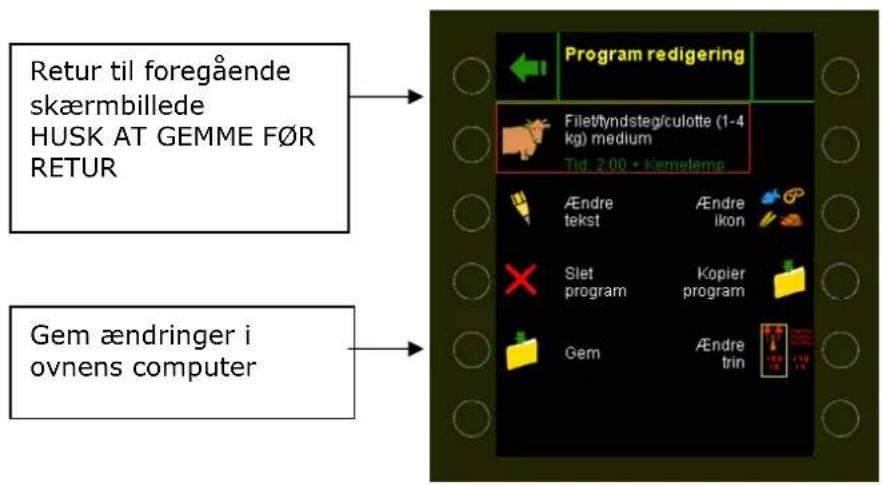 Retur til foregående skærmbillede HUSK AT GEMME F∅R RETUR Gem ændringer i ovnens computer Program redigering Filet/tyndsteg/culotte (1-4 kg) medium Tid. 2.00 • Kemelemp Ændre tekst Ændre ikon Slet program Kopier program Gem Ændre trin