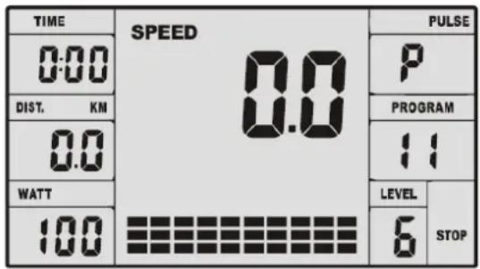 TIME SPEED 0:00 0.0 DIST. KN 0.0 WATT 100 PULSE P PROGRAM 11 LEVEL 6 STOP