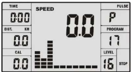 TIME SPEED PULSE 0:00 P DIST. KM PROGRAM 0.0 17 CAL LEVEL STOP 0.0 16