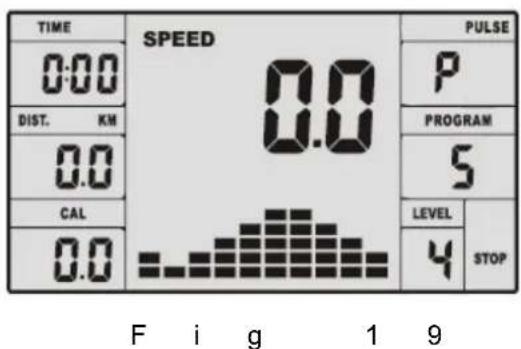 TIME SPEED PULSE 0:00 DIST. KN 0.0 CAL 0.0 P PROGRAM 5 LEVEL 4 STOP F i g 1 9