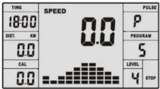TIME 18:00 DIST. KM 0.0 CAL 0.0 SPEED 0.0 PULSE P PROGRAM 5 LEVEL 4 STOP
