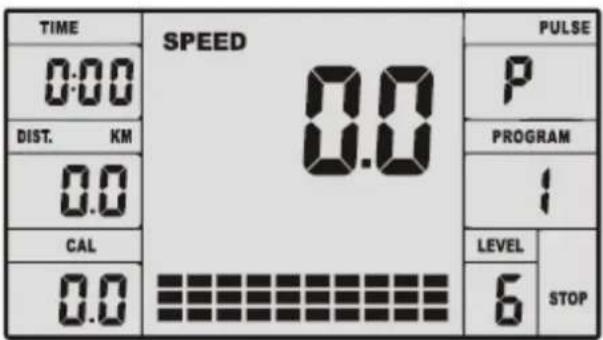 TIME 0:00 DIST. KM 0.0 CAL 0.0 SPEED 0.0 PULSE P PROGRAM 1 LEVEL STOP 6