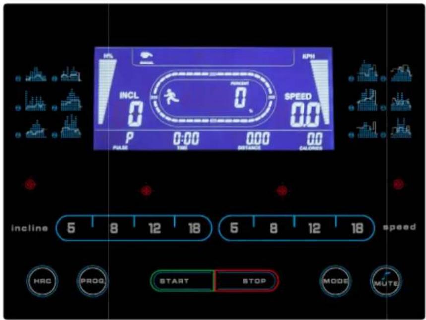 INCL 0 PULM 0:00 TIME 0.00 DISTANCE 0.00 CALORIES RPMI SPEED 0.00 INCL 5 8 12 18 5 8 12 18 speed HRC PROG. START STOP MODE MUTE