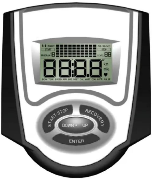HEIGHT START AGE WEIGHT STOP PROGRAM 88 LEVEL 88 88:88" km mile SCAN TIME SPEED RPM BME DIST CAL WATT COO FAT% PULSE START/STOP RECOVERY DOWN • UP ENTER