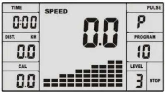 TIME 0:00 DIST. KM 0.0 CAL 0.0 SPEED 0.0 PULSE P PROGRAM 10 LEVEL 3 STOP