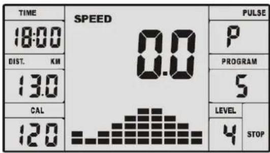 TIME 18:00 DIST. KM 13.0 CAL 12.0 SPEED 0.0 PULSE P PROGRAM 5 LEVEL 4 STOP