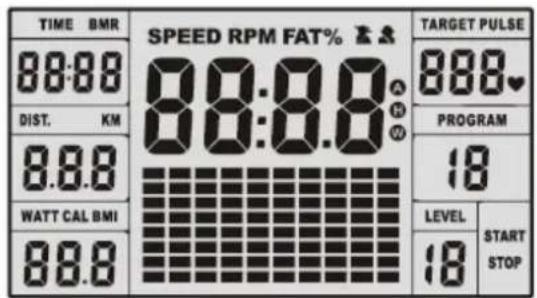 TIME BMR 88:88 DIST. KM 8.8.8 WATT CAL BMI 88.8 SPEED RPM FAT% 88:8.8 TARGET PULSE 888♥ PROGRAM 18 LEVEL 18 START STOP