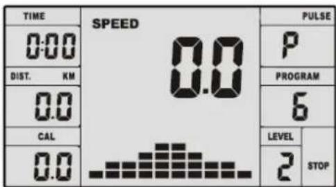 TIME 0:00 DIST. KM 0.0 CAL 0.0 SPEED 0.0 PULSE P PROGRAM 6 LEVEL 2 STOP 0.0