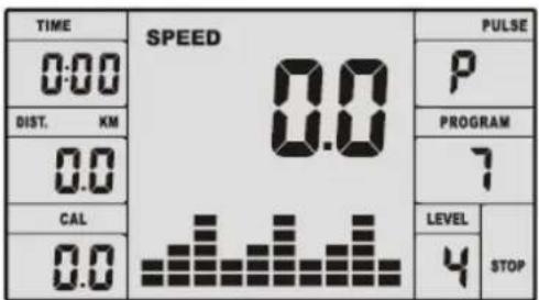 TIME 0:00 DIST. KM 0.0 CAL 0.0 SPEED 0.0 PULSE P PROGRAM 7 LEVEL 4 STOP