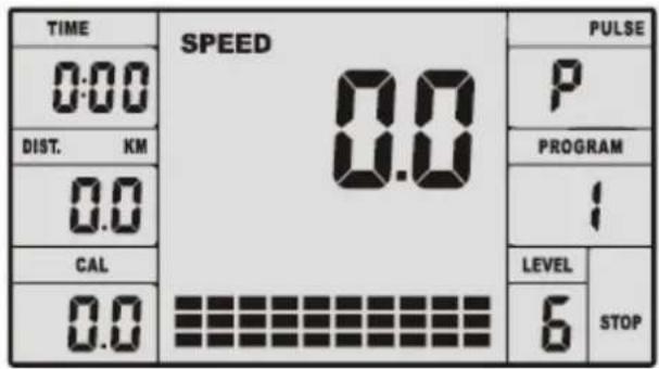 TIME 0:00 DIST. KM 0.0 CAL 0.0 SPEED 0.0 PULSE P PROGRAM 1 LEVEL STOP 6