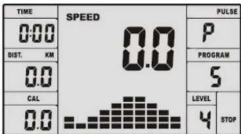 TIME SPEED 0:00 DIST. KM 0.0 CAL 0.0 PULSE P PROGRAM 5 LEVEL 4 STOP