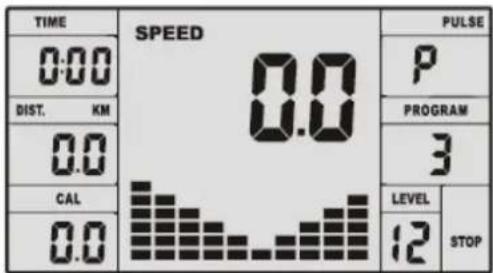 TIME SPEED 0:00 DIST. KM 0.0 CAL 0.0 PULSE P PROGRAM 3 LEVEL 12 STOP