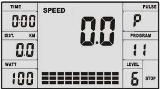 TIME 0:00 DIST. KN 0.0 WATT 100 SPEED 0.0 PULSE P PROGRAM 11 LEVEL 6 STOP