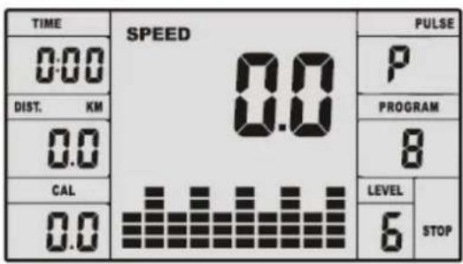 TIME 0:00 DIST. KM 0.0 CAL 0.0 SPEED 0.0 PULSE P PROGRAM 8 LEVEL 6 STOP