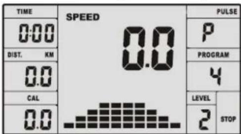 TIME 0:00 DIST. KM 0.0 CAL 0.0 SPEED 0.0 PULSE P PROGRAM 4 LEVEL 2 STOP