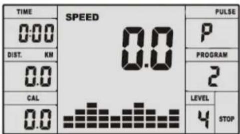 TIME 0:00 DIST. KM 0.0 CAL 0.0 SPEED 0.0 PULSE P PROGRAM 2 LEVEL 4 STOP