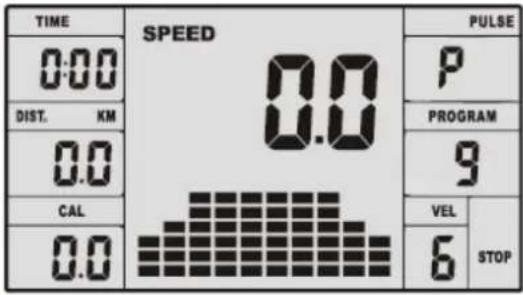 TIME SPEED 0.0 0.0 DIST. KM 0.0 CAL 0.0 PULSE P PROGRAM 9 VEL STOP 6