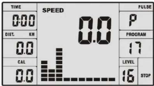 TIME SPEED 0:00 DIST. KM 0.0 CAL 0.0 PULSE P PROGRAM 17 LEVEL 16 STOP
