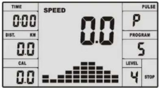TIME 0:00 DIST. KM 0.0 CAL 0.0 SPEED 0.0 PULSE P PROGRAM 5 LEVEL 4 STOP