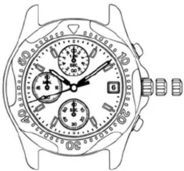 Technical line drawing of a wristwatch with dual dials, time dial, and analog watch face labels