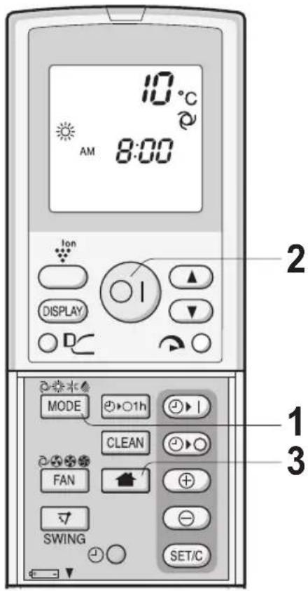 10°C AM 8:00 Ion DISPLAY MODE CLEAN FAN SWING SET/C 2 1 3