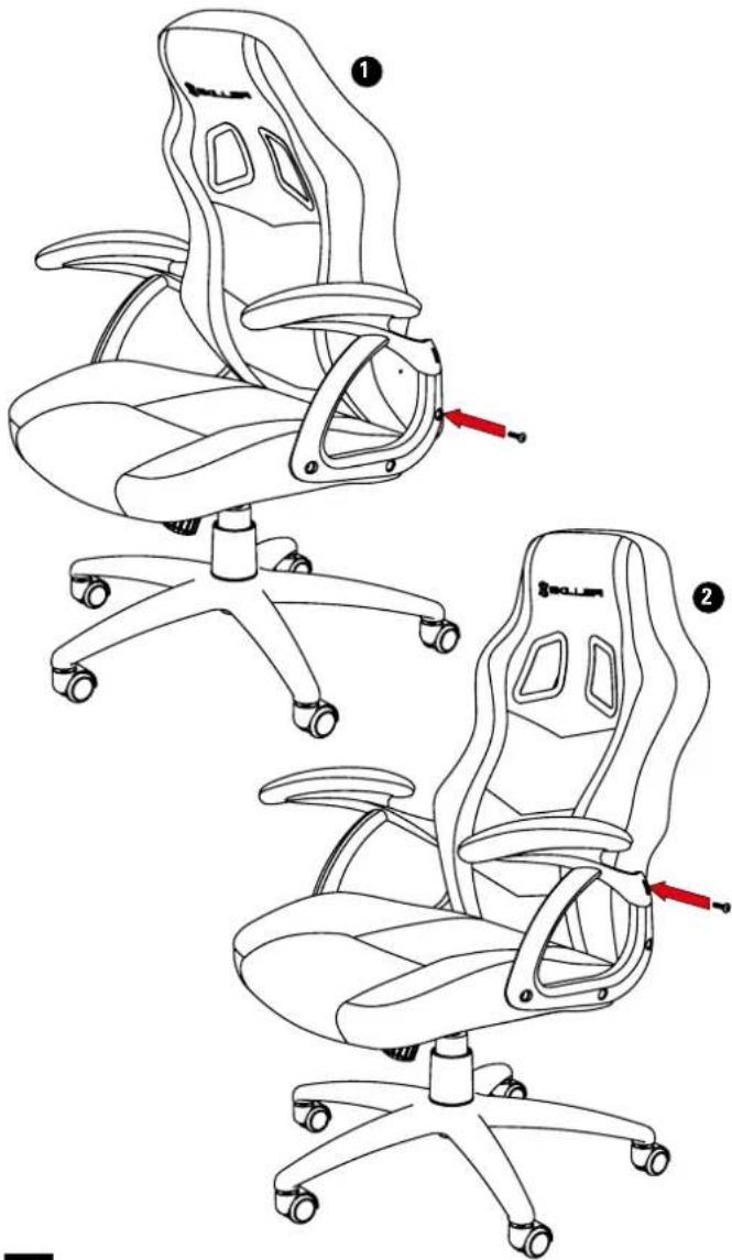 Diagram showing three sequential steps of an office chair with labeled parts and red arrows indicating movement or adjustment.