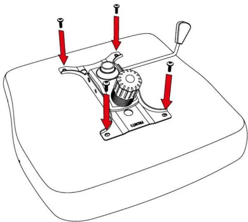Technical diagram of a mechanical device with red arrows indicating downward force or adjustment points on the component.