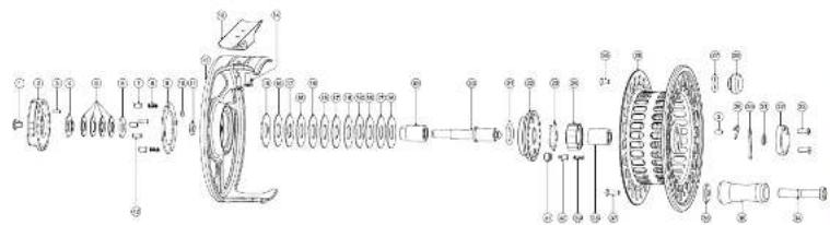 Exploded view diagram of a mechanical assembly with labeled components and parts