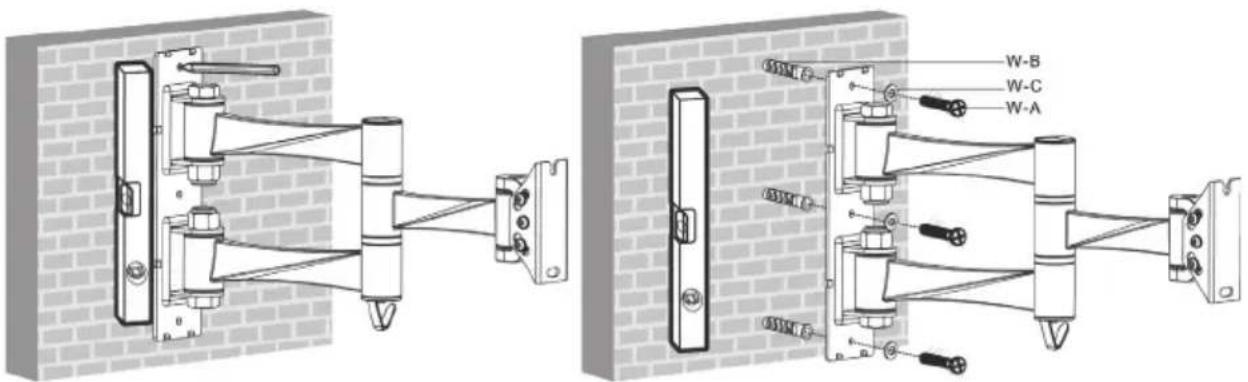 Technical diagram showing two mechanical assembly configurations with labeled components (W-A, W-B, W-C) and connection details.