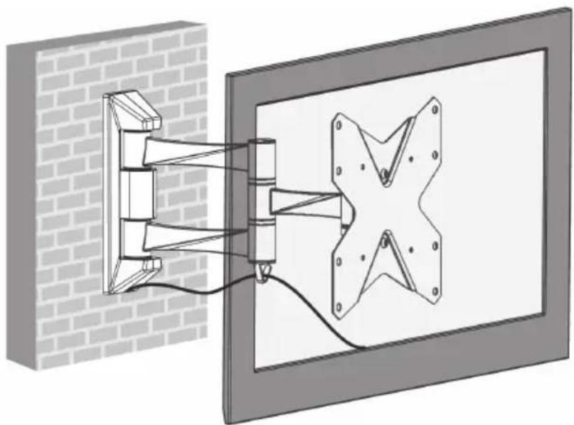 Diagram of a wall-mounted device mounted on a brick wall, showing structural components and wiring (no text or symbols)