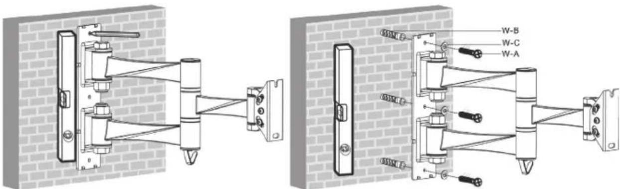 Technical diagram showing two mechanical assembly configurations with labeled components W-A, W-B, and W-C