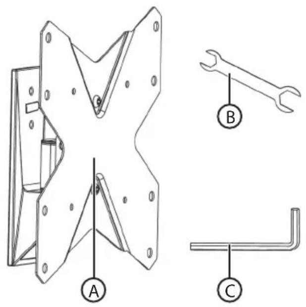 Technical diagram showing three labeled components (A, B, C) of a mechanical bracket assembly with mounting holes and tool tips.