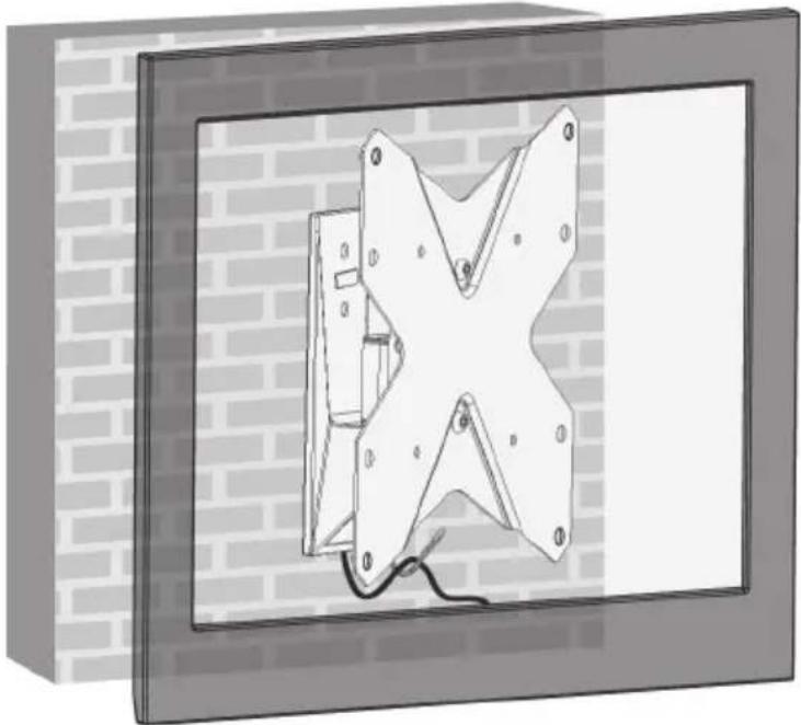 3D diagram of a mechanical component mounted on a brick wall, no text or symbols present