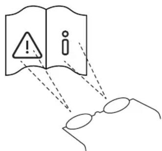 Diagram illustrating a warning about using an open book to indicate an unknown object, with labels for warning symbol and eye icon.