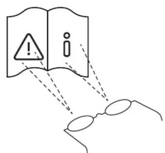 Diagram showing an open book with warning symbols and a pair of eyeglasses connected by dashed lines, indicating a safety or recognition concept.