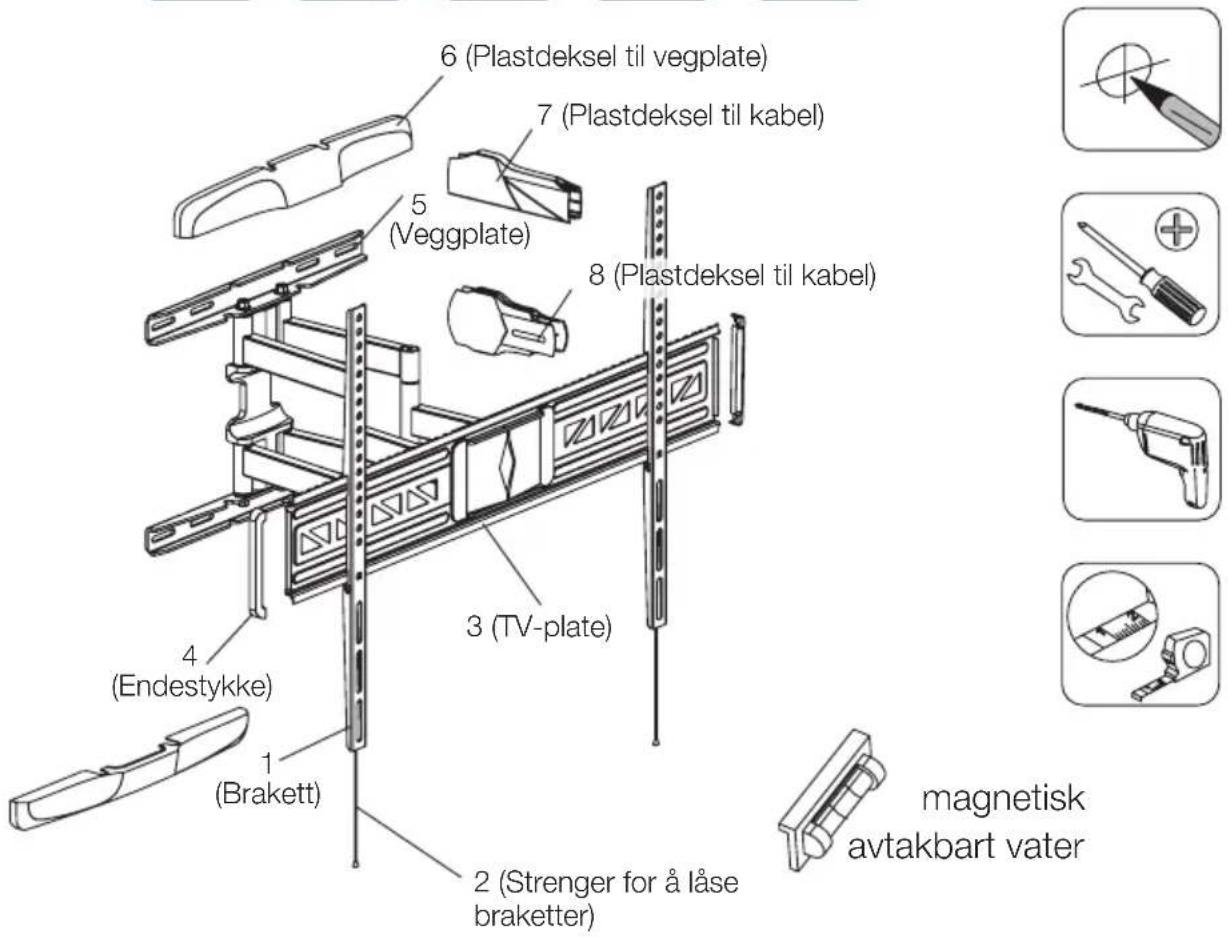 6 (Plastdeksel til vegplate) 7 (Plastdeksel til kabel) 5 (Veggplate) 8 (Plastdeksel til kabel) 3 (TV-plate) 4 (Endestykke) 1 (Brakett) 2 (Strenger for å låse braketter) magnetisk avtakbart vater