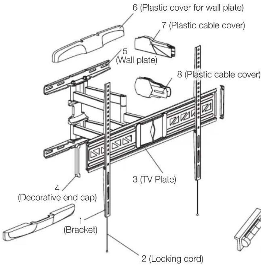 6 (Plastic cover for wall plate) 7 (Plastic cable cover) 5 (Wall plate) 8 (Plastic cable cover) 3 (TV Plate) 4 (Decorative end cap) 1 (Bracket) 2 (Locking cord)