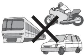 Diagram showing transportation and mobility symbols: bus, car, motorcyclist, and cross symbol