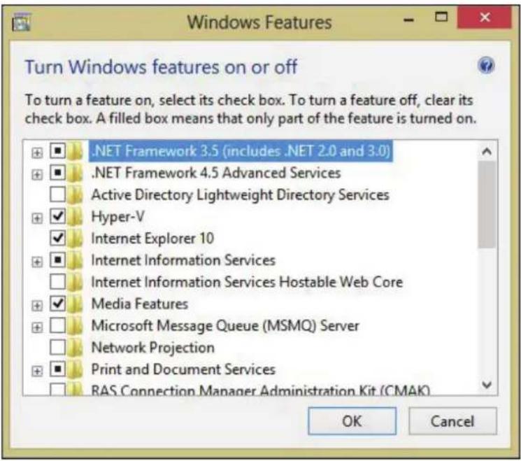 .NET Framework 3.5 (includes .NET 2.0 and 3.0) .NET Framework 4.5 Advanced Services Active Directory Lightweight Directory Services Hyper-V Internet Explorer 10 Internet Information Services Internet Information Services Hostable Web Core Media Features Microsoft Message Queue (MSMQ) Server Network Projection Print and Document Services RAS Connection Manager Administration Kit (CMAK) OK Cancel