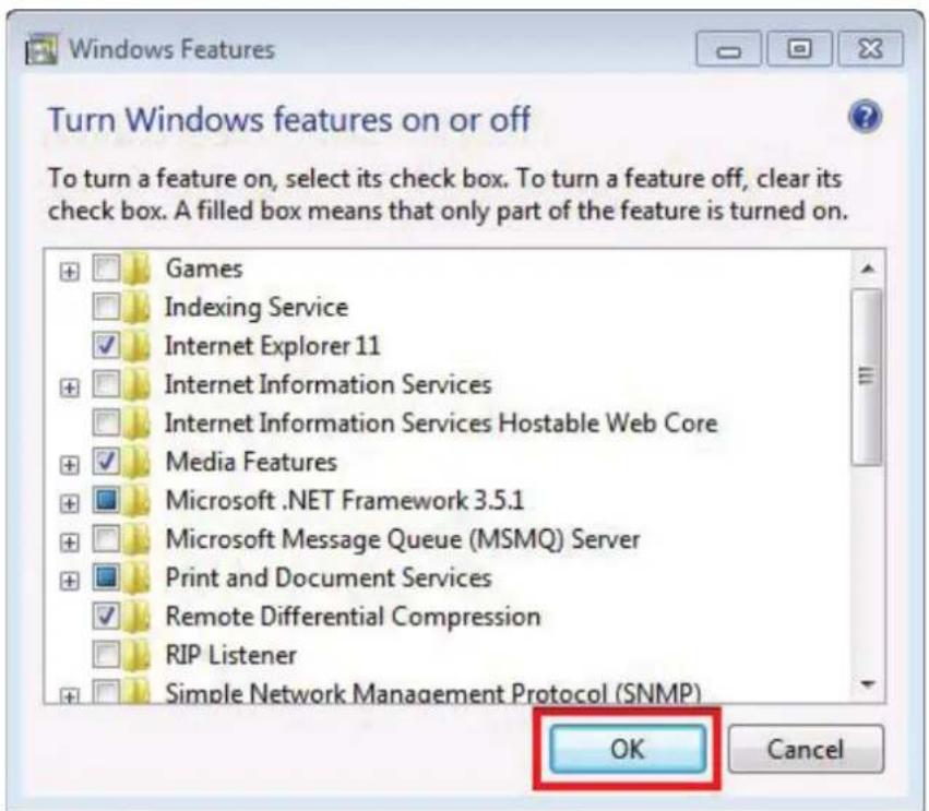 Turn Windows features on or off To turn a feature on, select its check box. To turn a feature off, clear its check box. A filled box means that only part of the feature is turned on. Games Indexing Service Internet Explorer 11 Internet Information Services Internet Information Services Hostable Web Core Media Features Microsoft .NET Framework 3.5.1 Microsoft Message Queue (MSMQ) Server Print and Document Services Remote Differential Compression RIP Listener Simple Network Management Protocol (SNMP) OK Cancel