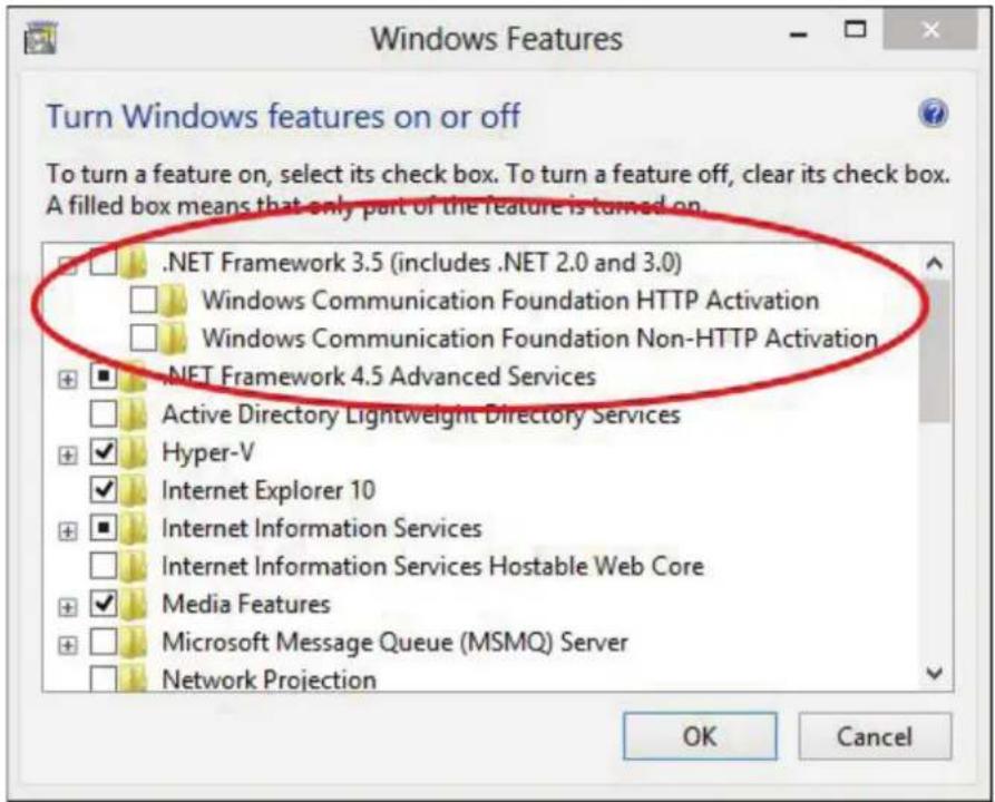 Windows Features Turn Windows features on or off To turn a feature on, select its check box. To turn a feature off, clear its check box. A filled box means that only part of the feature is turned on. .NET Framework 3.5 (includes .NET 2.0 and 3.0) Windows Communication Foundation HTTP Activation Windows Communication Foundation Non-HTTP Activation .NET Framework 4.5 Advanced Services Active Directory Lightweight Directory Services Hyper-V Internet Explorer 10 Internet Information Services Internet Information Services Hostable Web Core Media Features Microsoft Message Queue (MSMQ) Server Network Projection OK Cancel