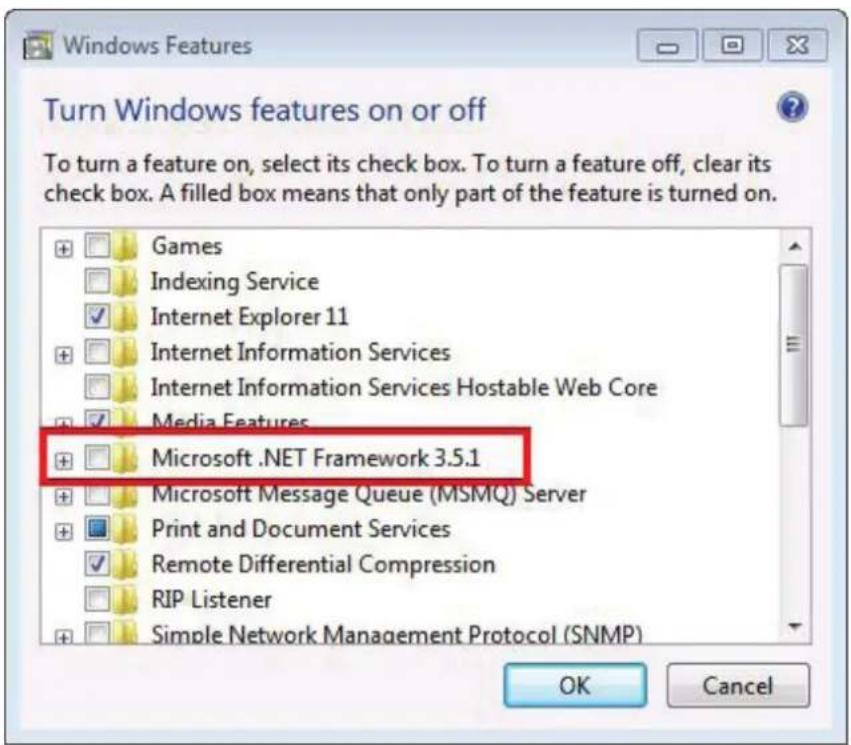 Turn Windows features on or off To turn a feature on, select its check box. To turn a feature off, clear its check box. A filled box means that only part of the feature is turned on. Games Indexing Service Internet Explorer 11 Internet Information Services Internet Information Services Hostable Web Core Media Features Microsoft .NET Framework 3.5.1 Microsoft Message Queue (MSMQ) Server Print and Document Services Remote Differential Compression RIP Listener Simple Network Management Protocol (SNMP) OK Cancel