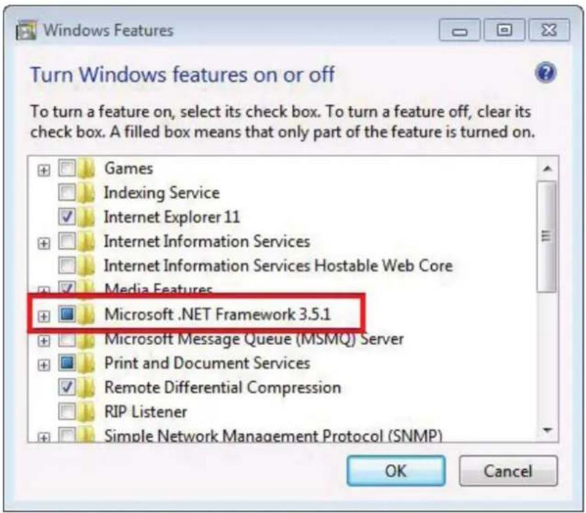 Turn Windows features on or off To turn a feature on, select its check box. To turn a feature off, clear its check box. A filled box means that only part of the feature is turned on. Games Indexing Service Internet Explorer 11 Internet Information Services Internet Information Services Hostable Web Core Media Features Microsoft .NET Framework 3.5.1 Microsoft Message Queue (MSMQ) Server Print and Document Services Remote Differential Compression RIP Listener Simple Network Management Protocol (SNMP) OK Cancel