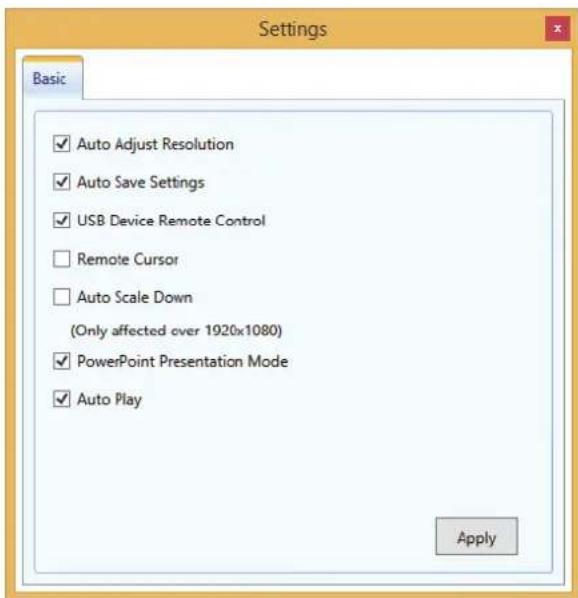 Settings Basic ✓ Auto Adjust Resolution ✓ Auto Save Settings ✓ USB Device Remote Control ☐ Remote Cursor ☐ Auto Scale Down (Only affected over 1920x1080) ✓ PowerPoint Presentation Mode ✓ Auto Play Apply