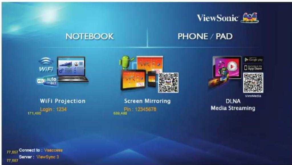 ViewSonic NOTEBOOK PHONE / PAD WiFi Projection Login : 1234 171,480 Screen Mirroring Pin : 12345678 539,480 DLNA Media Streaming Connect to : Vsaccess Server : ViewSync 3 77,857 77,857 Connect to : Vsaccess Server : ViewSync 3