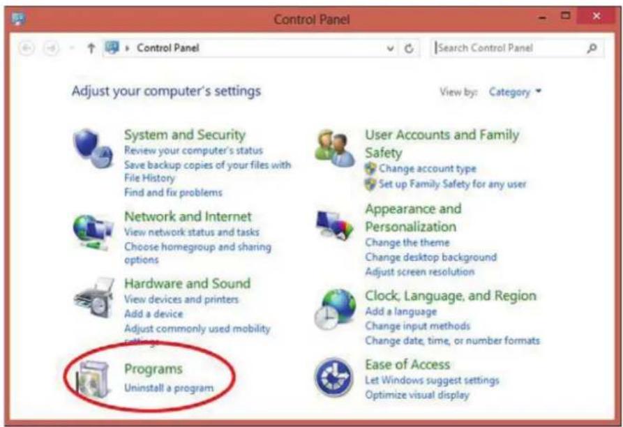 Control Panel Adjust your computer's settings View by: Category System and Security Review your computer's status Save backup copies of your files with File History Find and fix problems User Accounts and Family Safety Change account type Set up Family Safety for any user Network and Internet View network status and tasks Choose homegroup and sharing options Appearance and Personalization Change the theme Change desktop background Adjust screen resolution Hardware and Sound View devices and printers Add a device Adjust commonly used mobility settings Clock, Language, and Region Add a language Change input methods Change date, time, or number formats Programs Uninstall a program Ease of Access Let Windows suggest settings Optimize visual display