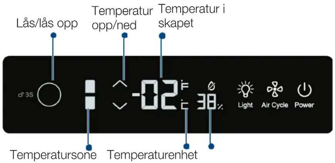 Lås/lås opp Temperatur opp/ned Temperatur i skapet -02 F 38% Light Air Cycle Power Temperatursone Temperaturenhet