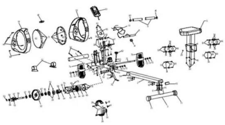 Technical diagram of a mechanical assembly with labeled components and exploded views