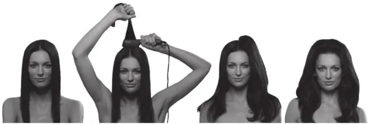Black-and-white photo of a woman styling her hair with a hairdryer (no text or symbols visible)