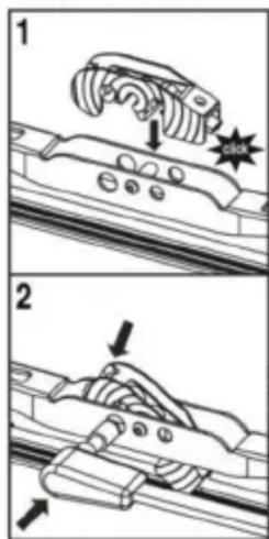 Technical diagram showing two mechanical assembly steps with labeled components and directional arrows indicating motion or movement.